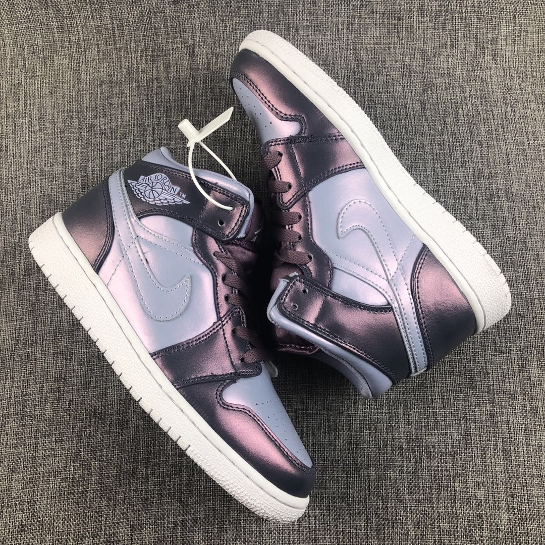 2019 Women Jordan 1 Mid Chameleon Purple Grey White Shoes